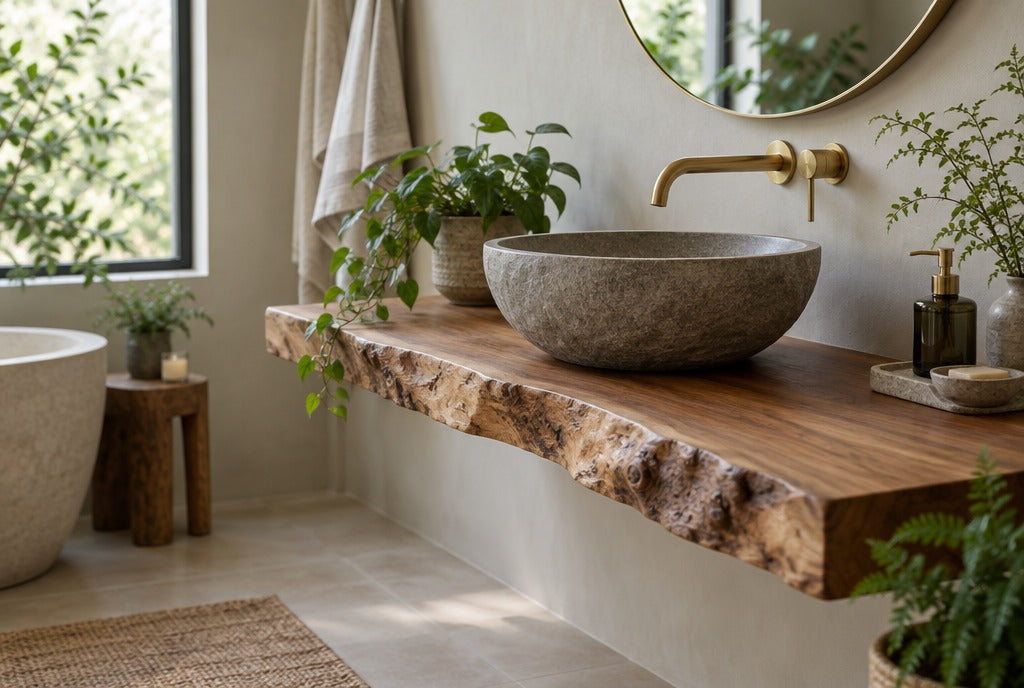A live-edge solid wood floating bathroom vanity with a stone vessel sink and a brass faucet in a calm spa-like bathroom with plants