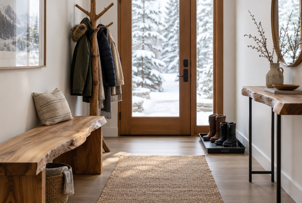 A bright entryway with a natural-edge solid wood shoe bench, a tree-branch coat rack with winter coats, a slim live-edge console and a boot tray, snowy view through the door glass