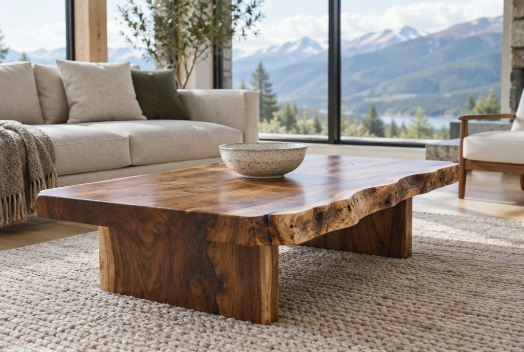 A live-edge solid wood coffee table on a wool rug in a bright modern living room with large windows and mountain views, a ceramic bowl on top