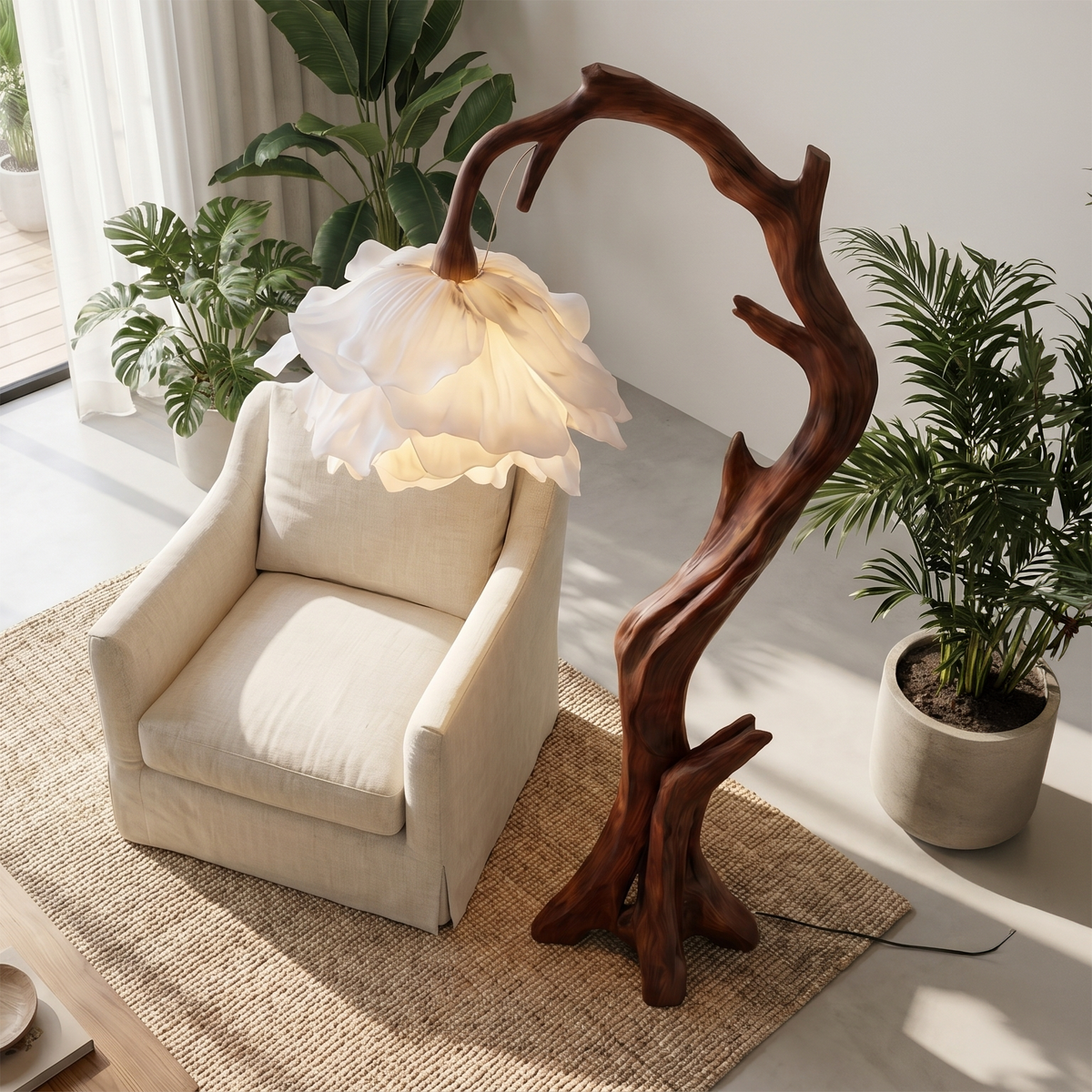 Nature Inspired Flower Floor Lamp With Solid Wood Base