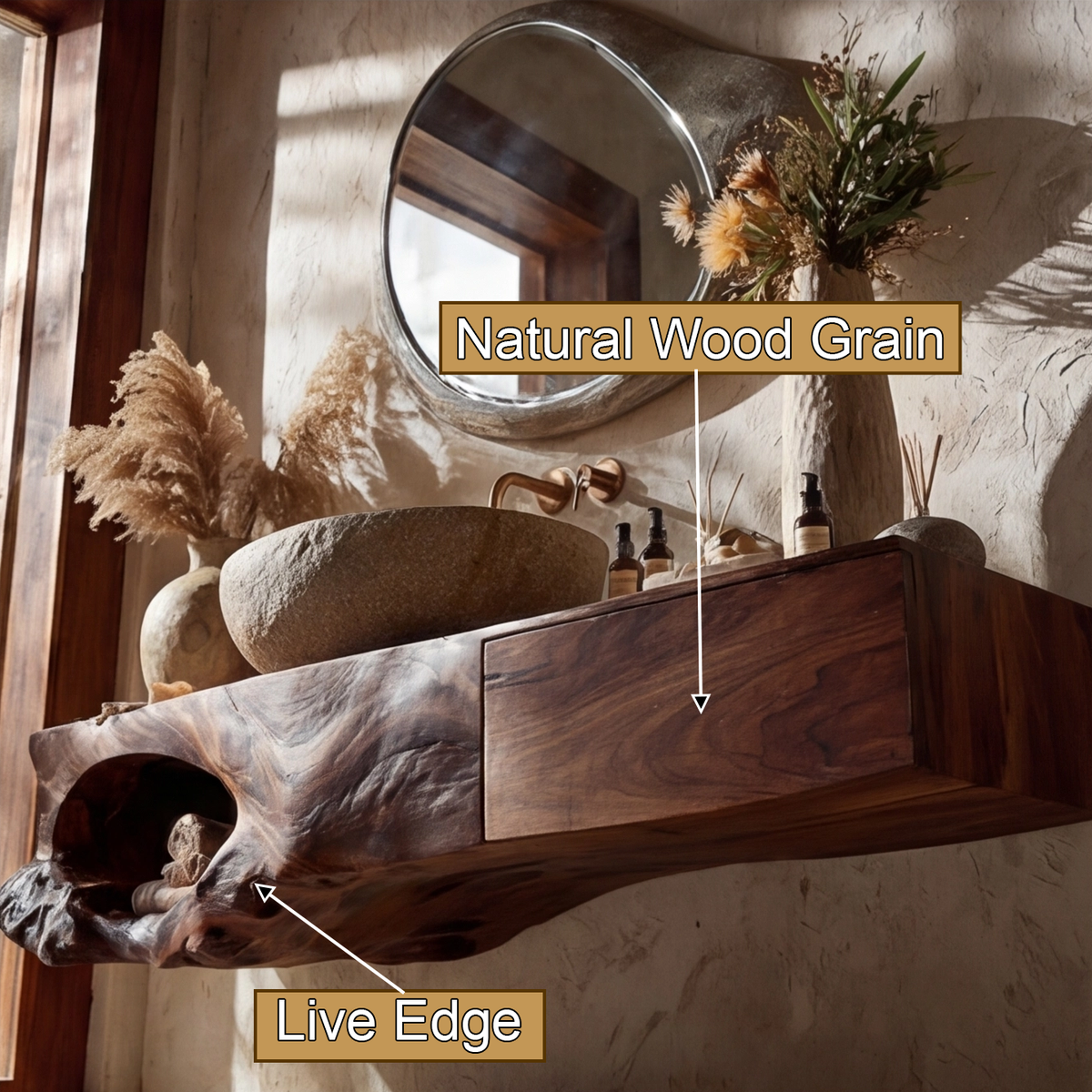 Zorren Live Edge Solid Wood Floating Bathroom Vanity With Drawers